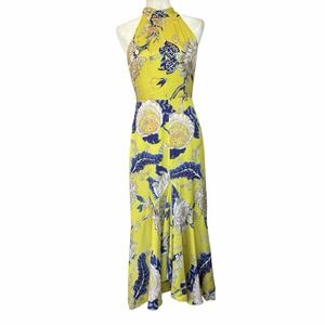 Whistles Peria Halter Dress Women 4 Yellow Floral Midi Wedding Party Summer